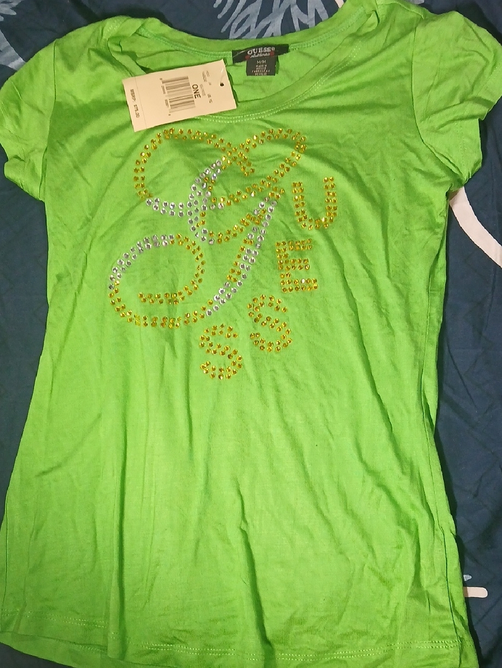 Guess Lime Green Short Sleeve Tee with Rhinestone Logo